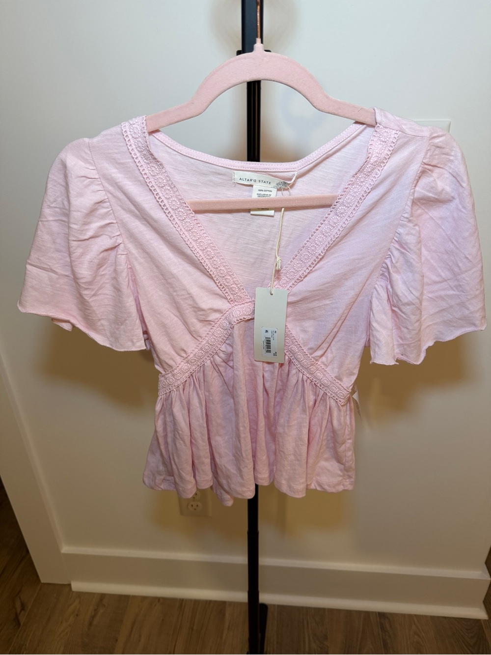 Altar'd State Light Pink Lace-Trim Flutter Sleeve Peplum Top